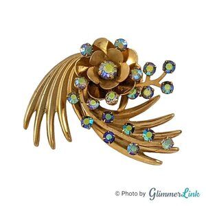 Vintage Kramer Floral Spiral Aurora Borealis Rhinestones Gold Tone Brooch